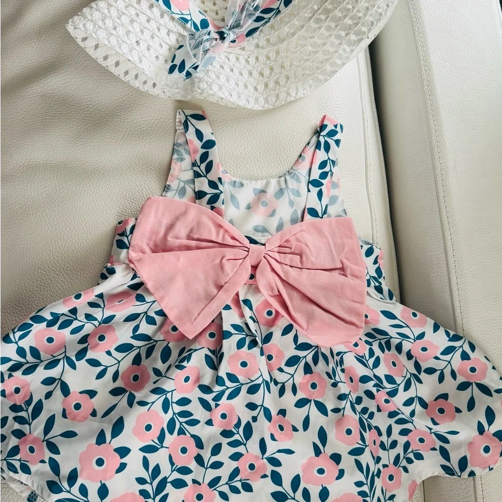 Floral Dress with Pink Bow and Hat